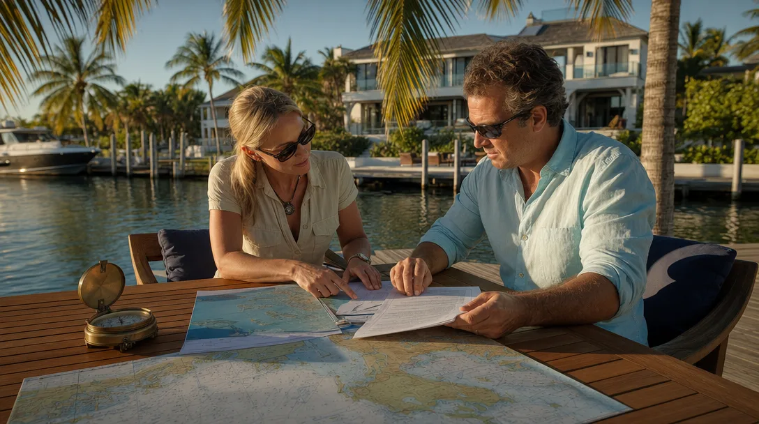 Buyer and agent examining property documents on a teak table overlooking a deep-water canal at golden hour