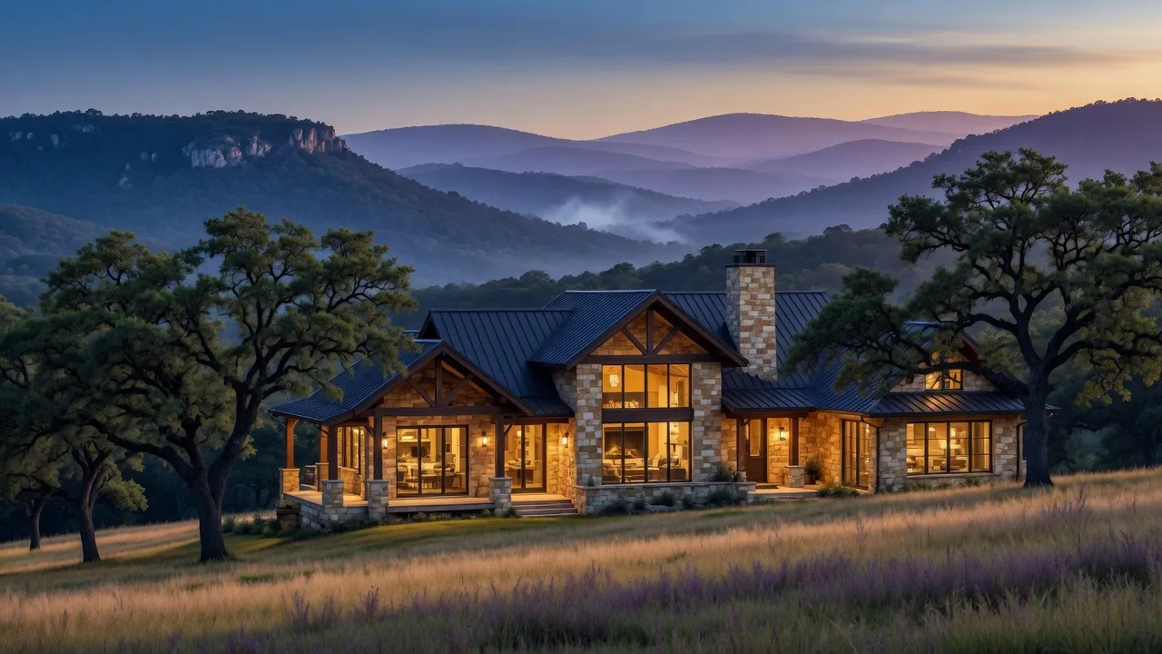 A warm lamplit Hill Country style home in San Antonio among live oaks at dusk with layered ridgelines behind, a San Antonio real estate evening scene