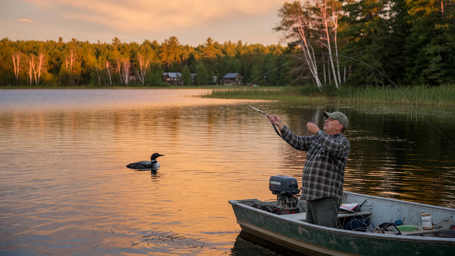 Fisherman casting a line from a boat on the Whitefish Chain during late summer golden hour