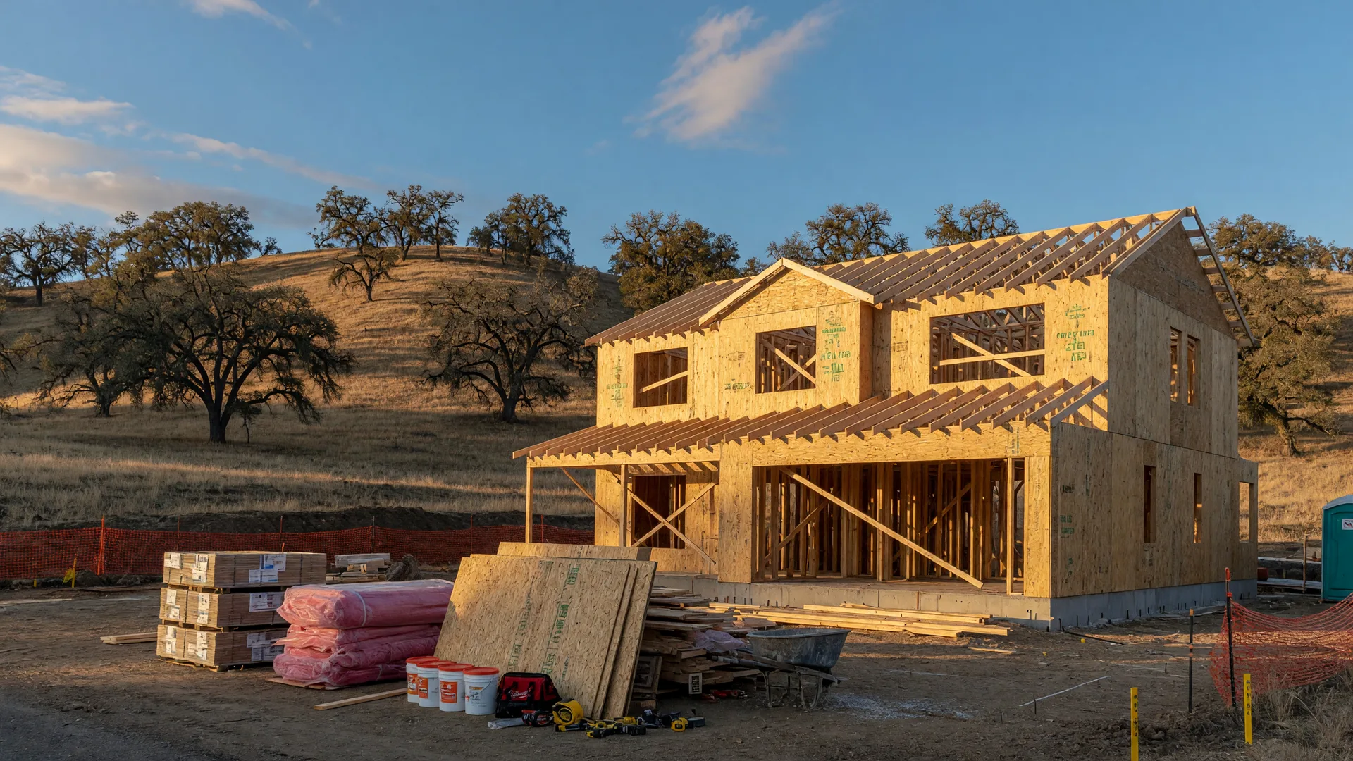A newly framed single-family home under construction in Southern Oregon, with Rogue Valley foothills rising behind it