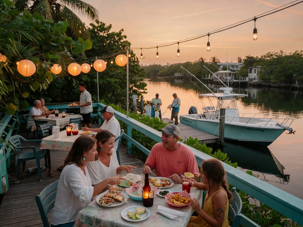 Family dining at a waterfront restaurant in Big Pine Key at sunset, outdoor deck with string lights, a sportfishing boat docked nearby, warm amber atmosphere