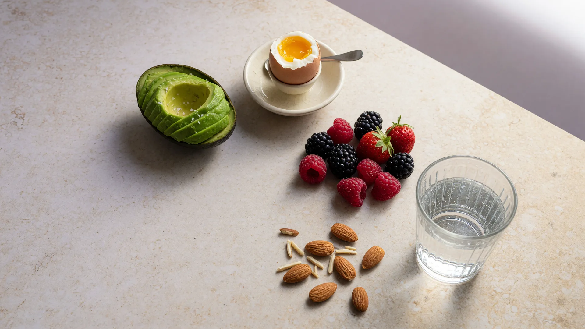 A top-down arrangement of avocado, egg, berries, almonds and water on a stone counter