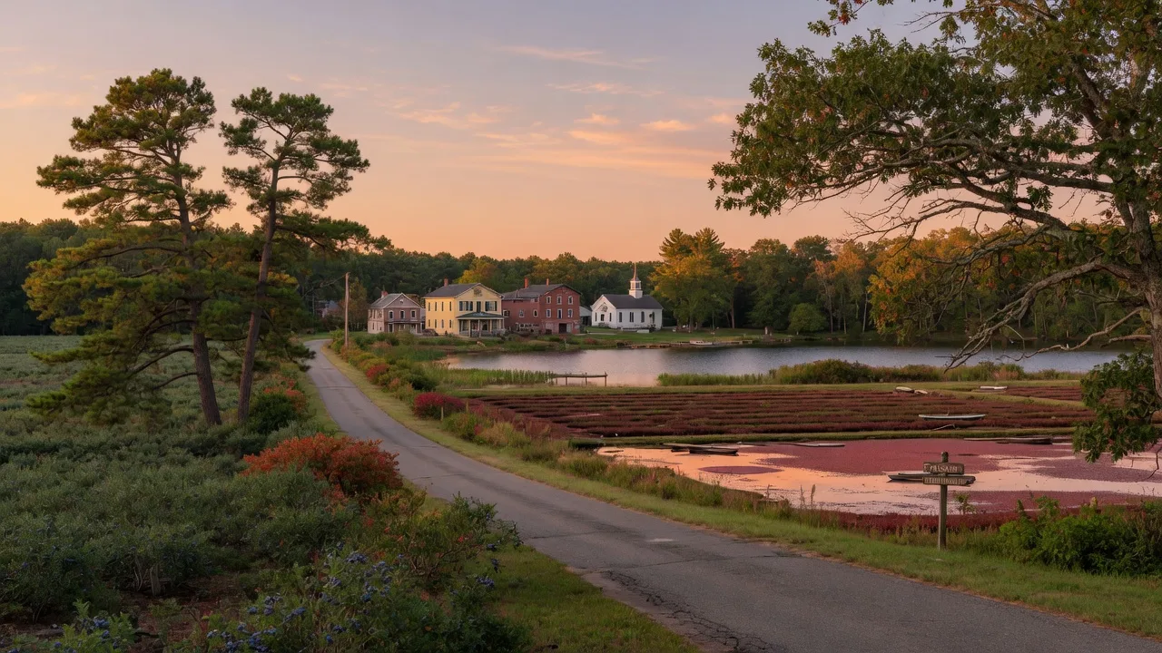 Scenic countryside in Shamong Township with winding road, cranberry bogs, and historic buildings in the New Jersey Pine Barrens