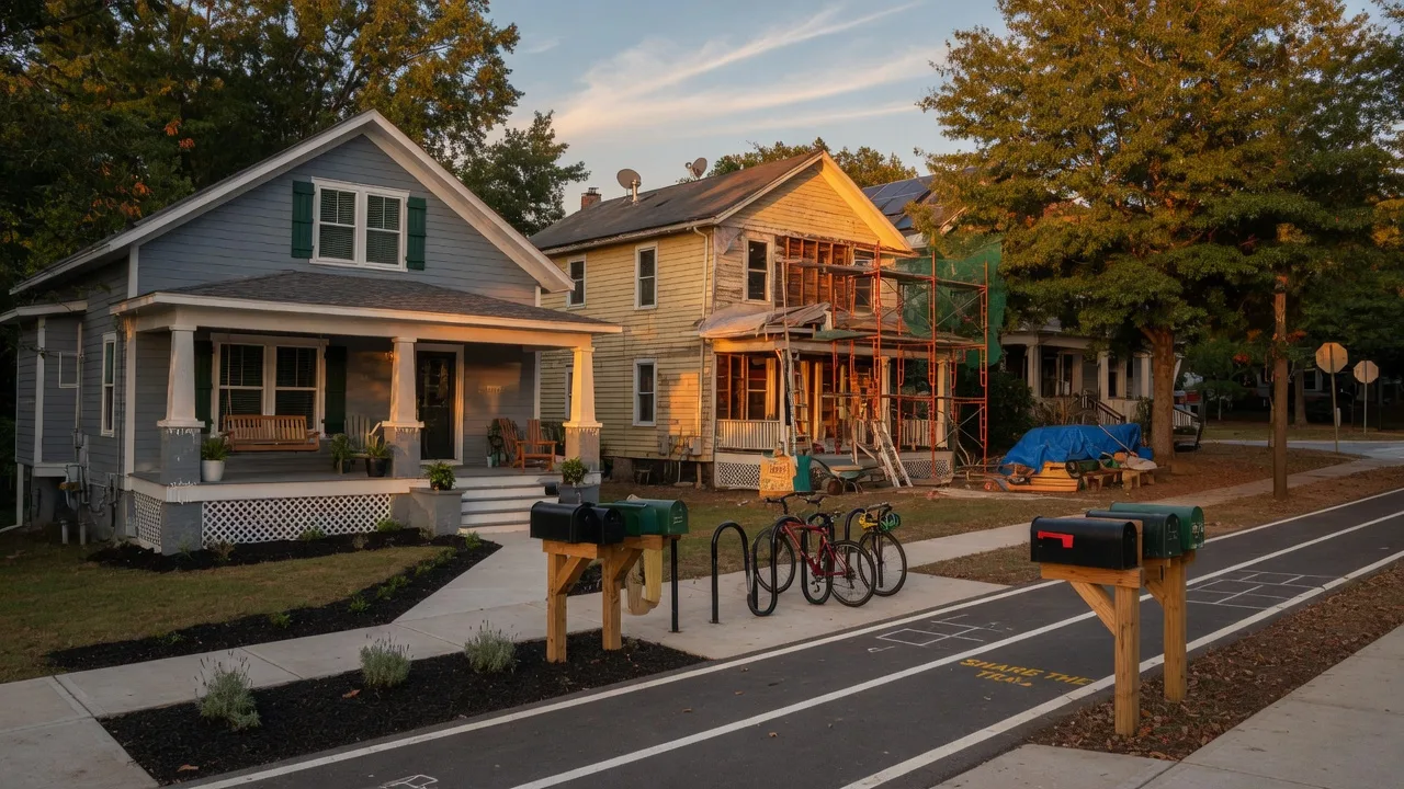 A tree-lined street in an up-and-coming intown Atlanta neighborhood at golden hour, with a renovated gray-blue Craftsman bungalow beside a century-old home mid-renovation with scaffolding, and a new multi-use trail with a bike rack in the foreground
