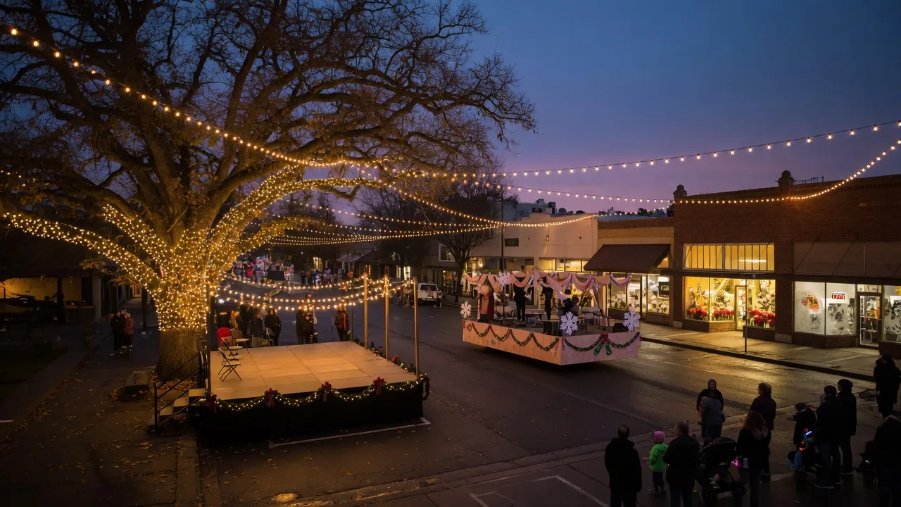 A small California downtown holiday evening with a glowing decorated oak tree beside a stage, a parade float passing lit storefronts, and string lights overhead