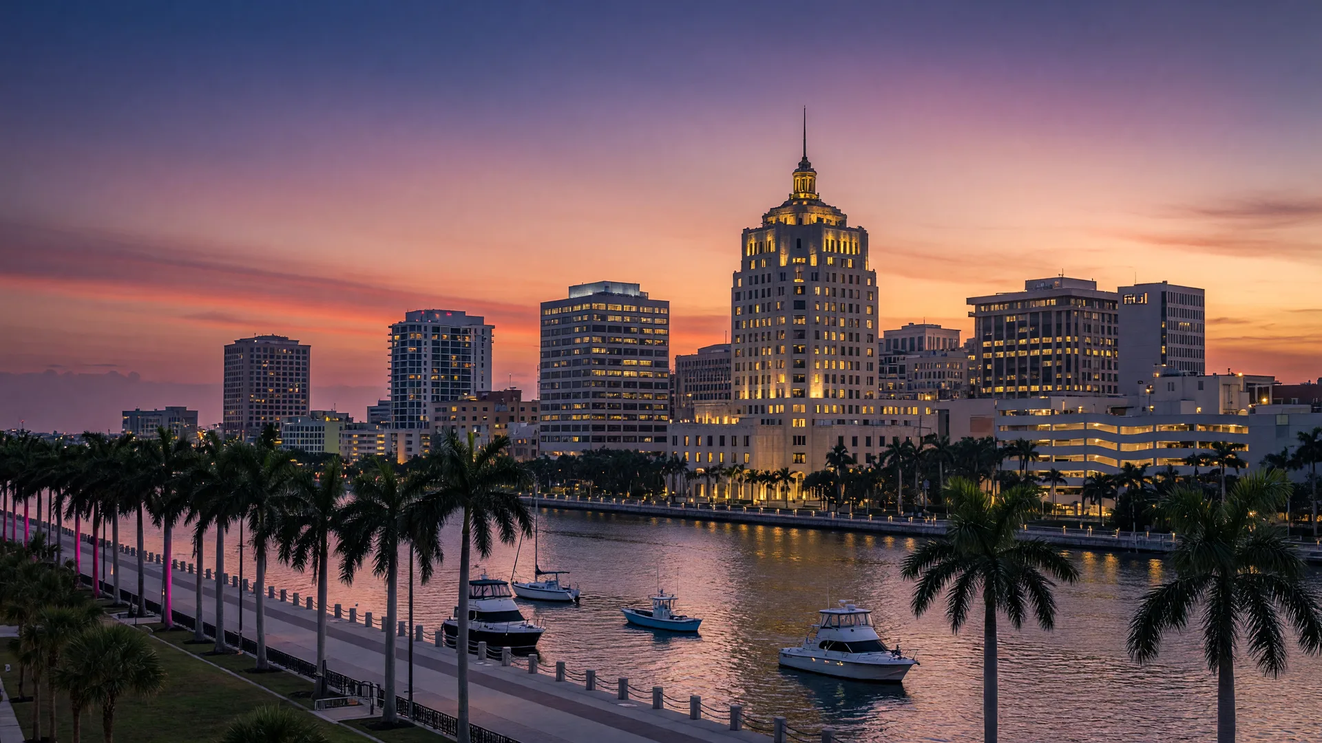 Downtown West Palm Beach at dusk with the Flagler Drive promenade, royal palms, and the waterfront skyline