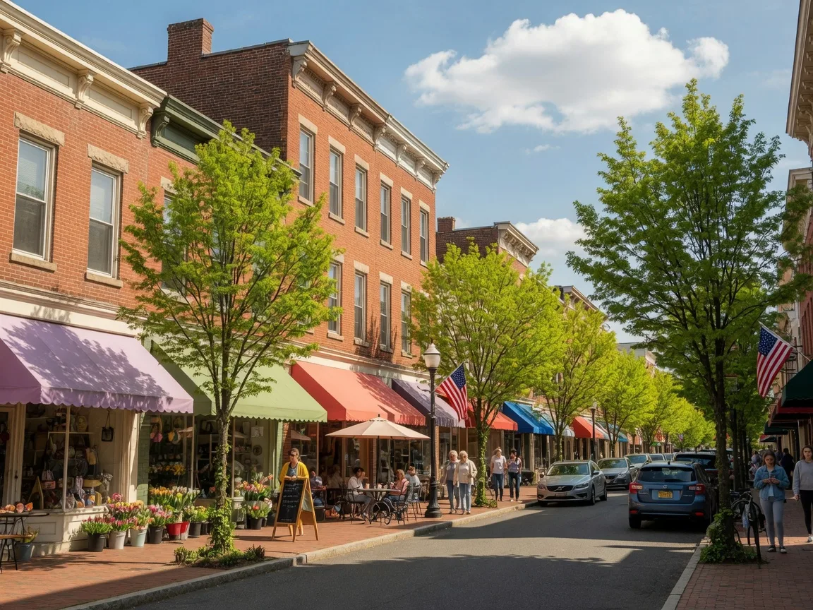 Historic downtown Moorestown with boutique shops and tree-lined streets
