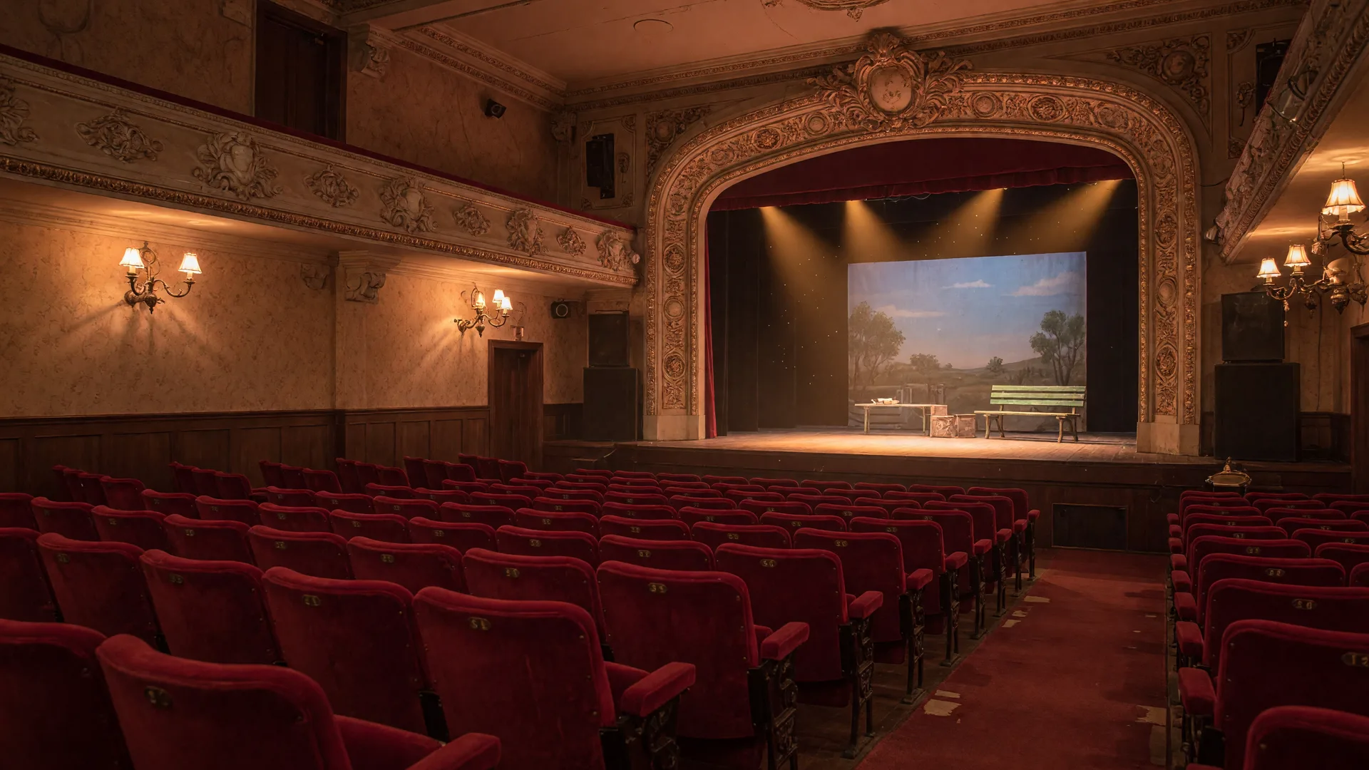 Interior of a historic small-town theatre before a performance, red velvet seats, warm amber stage light under a proscenium arch
