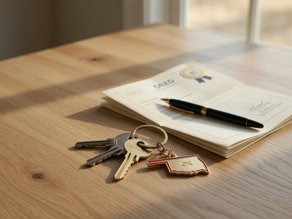 Real estate closing scene with house keys, a folded deed document, a pen, and an Oklahoma-shaped keychain on a wooden table
