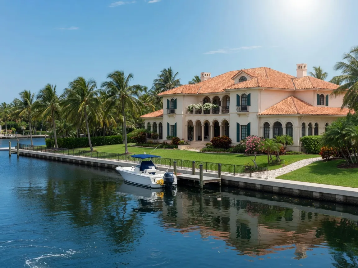 A Mediterranean-style waterfront estate in Palm Beach County seen from the Intracoastal Waterway with a private dock and seawall