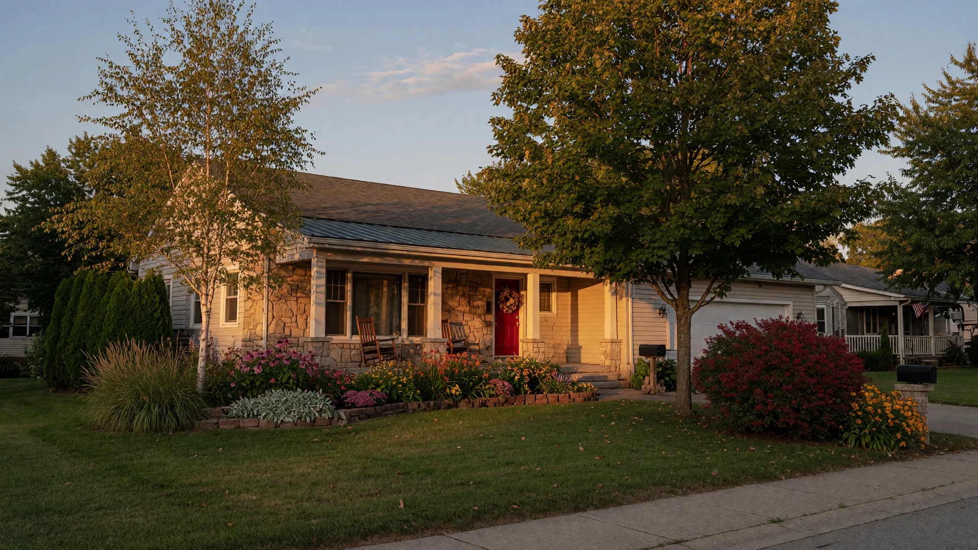 A welcoming single-story ranch home in a quiet Northwest Indiana neighborhood in warm late-afternoon light, with a covered front porch and low-maintenance landscaping
