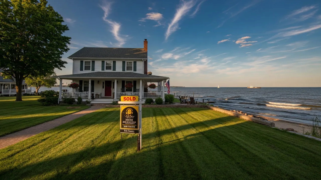 Lakefront home with Sold sign in Erie County on a summer afternoon