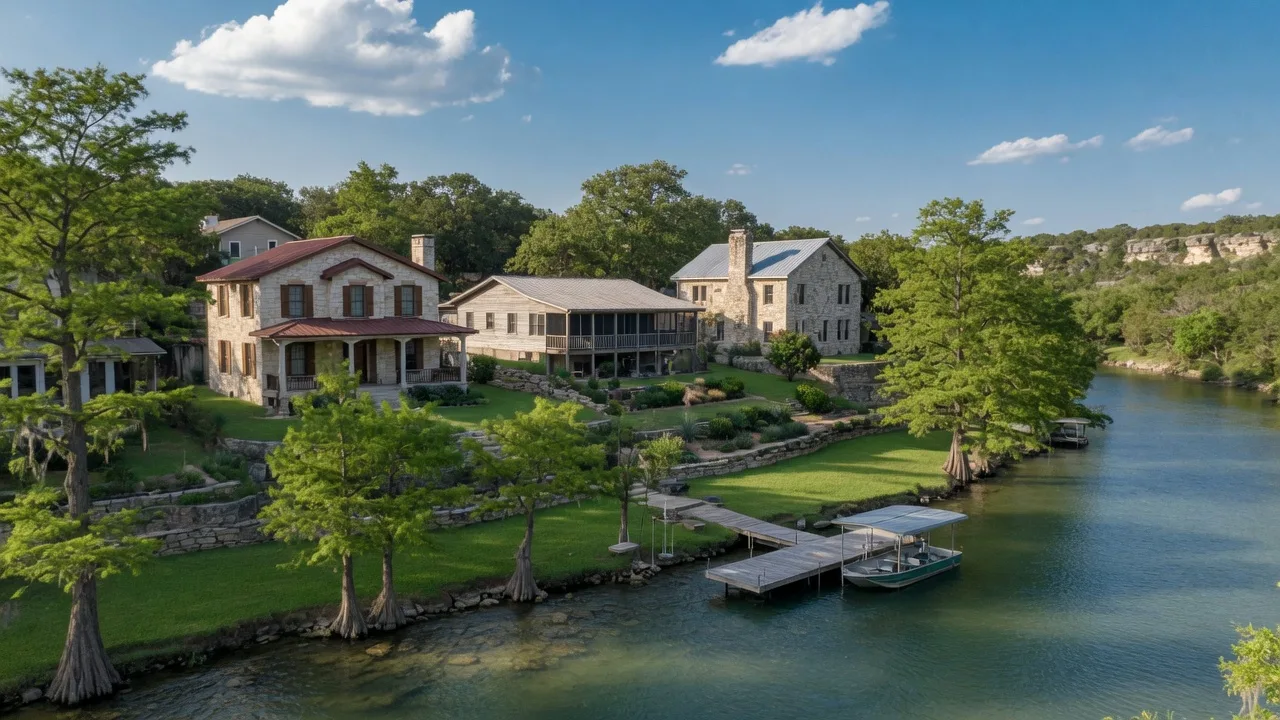 Stone and cedar homes set along a cypress-lined Hill Country riverbank with a private dock