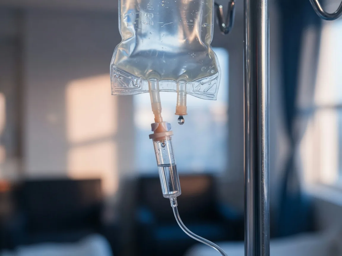 Close-up of an IV drip with a clear fluid bag in soft blue light