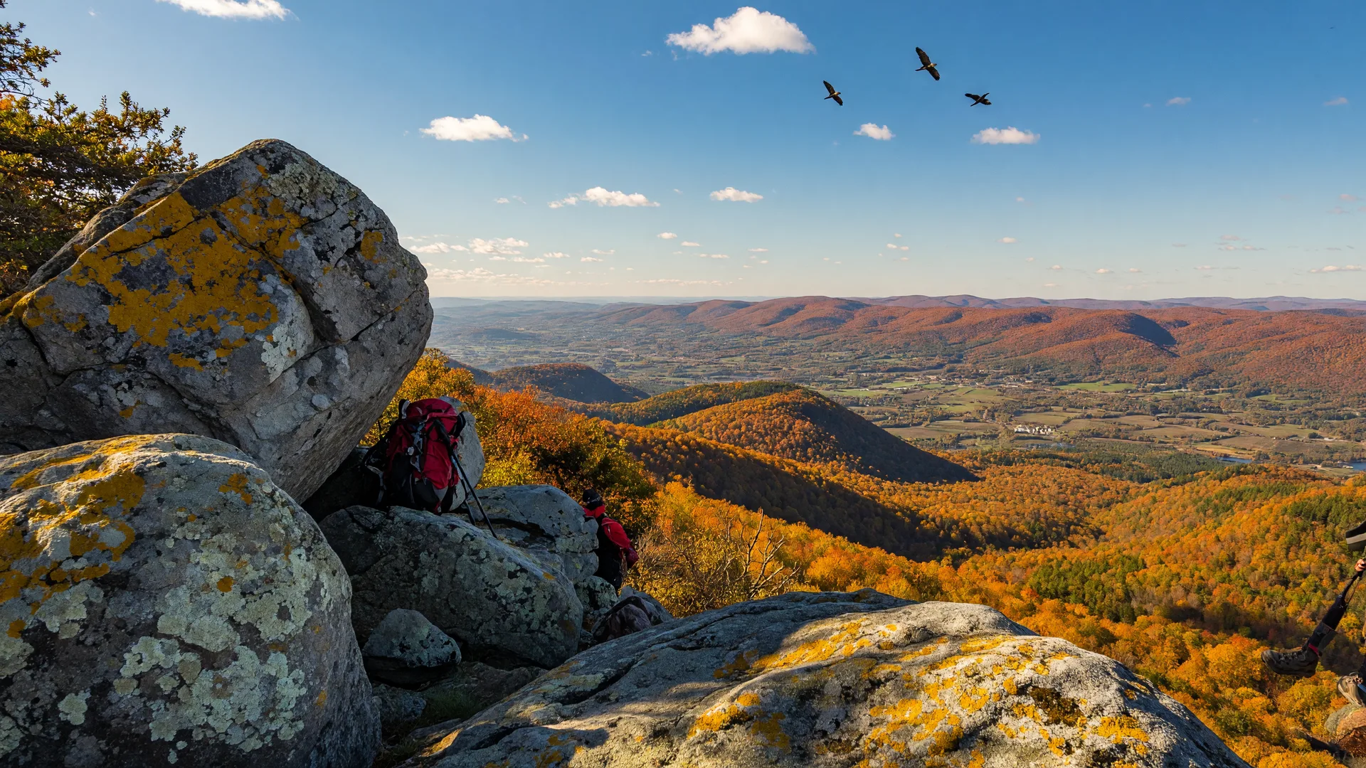 A panoramic view from the rocky summit of Bake Oven Knob on the Appalachian Trail, with the Lehigh Valley spread far below and the Kittatinny Ridge in fall color