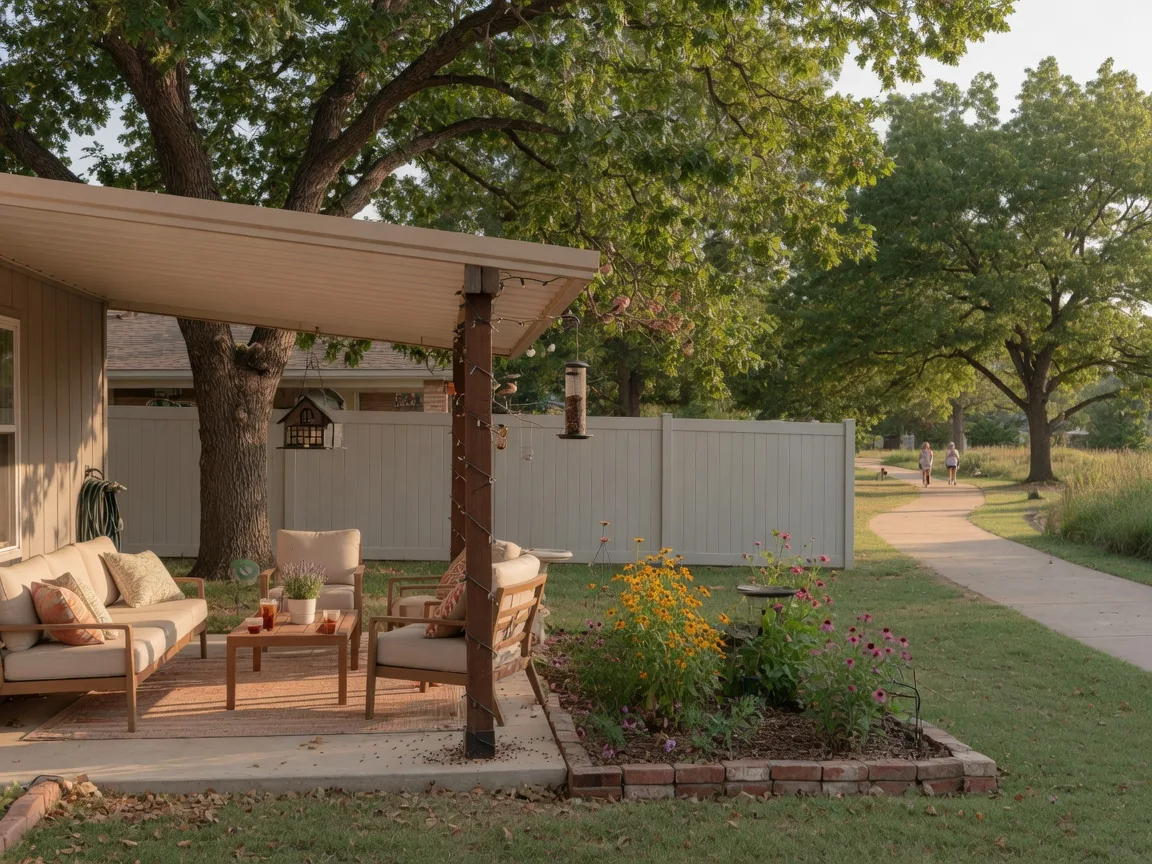 Maintenance-free backyard in Tulsa with a covered patio, garden beds, and view of a community walking trail