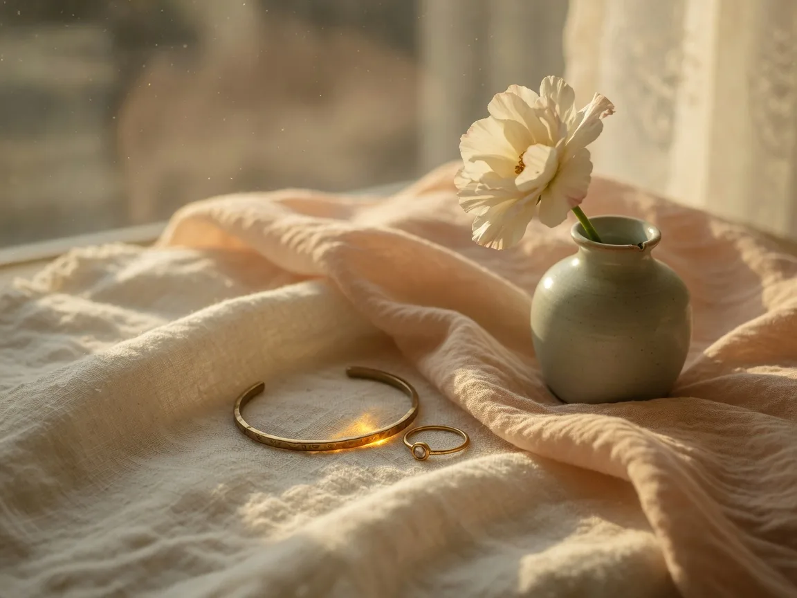Silk and linen fabrics in warm window light with brass jewelry for a boudoir session