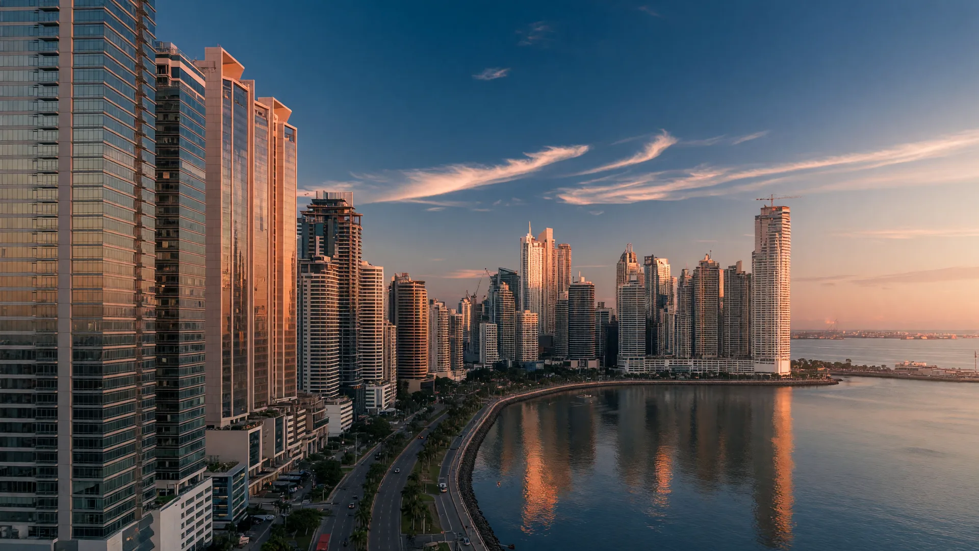 Panama City's Punta Pacifica glass towers along the waterfront at golden hour