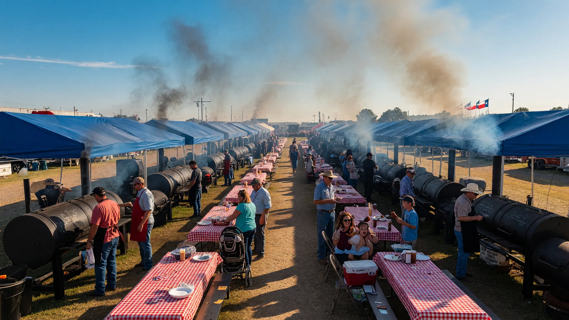 BBQ cook-off competition at a county fairground with smokers, teams under canopy tents, smoke rising, and picnic tables in warm afternoon light