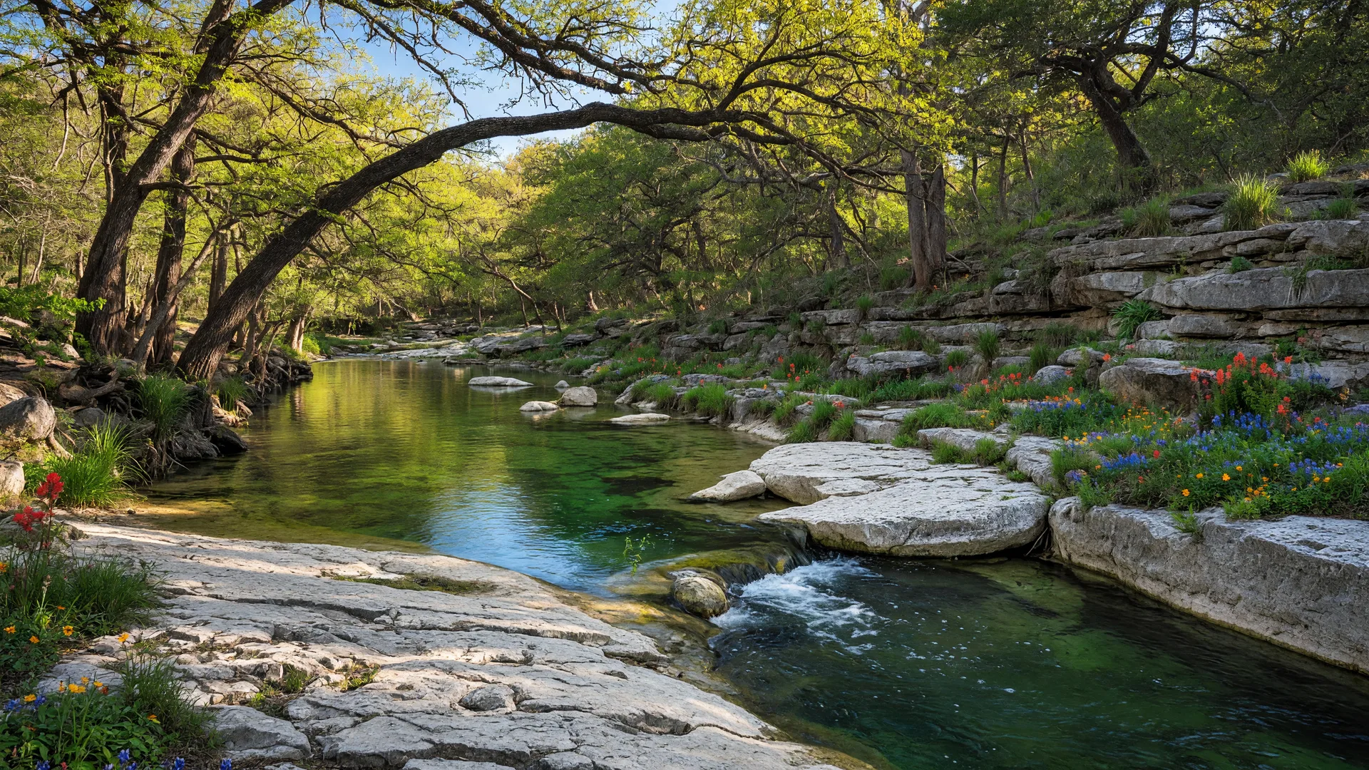 A clear spring-fed creek flowing over limestone bedrock in the Texas Hill Country with live oak and cypress trees overhanging the water at golden hour