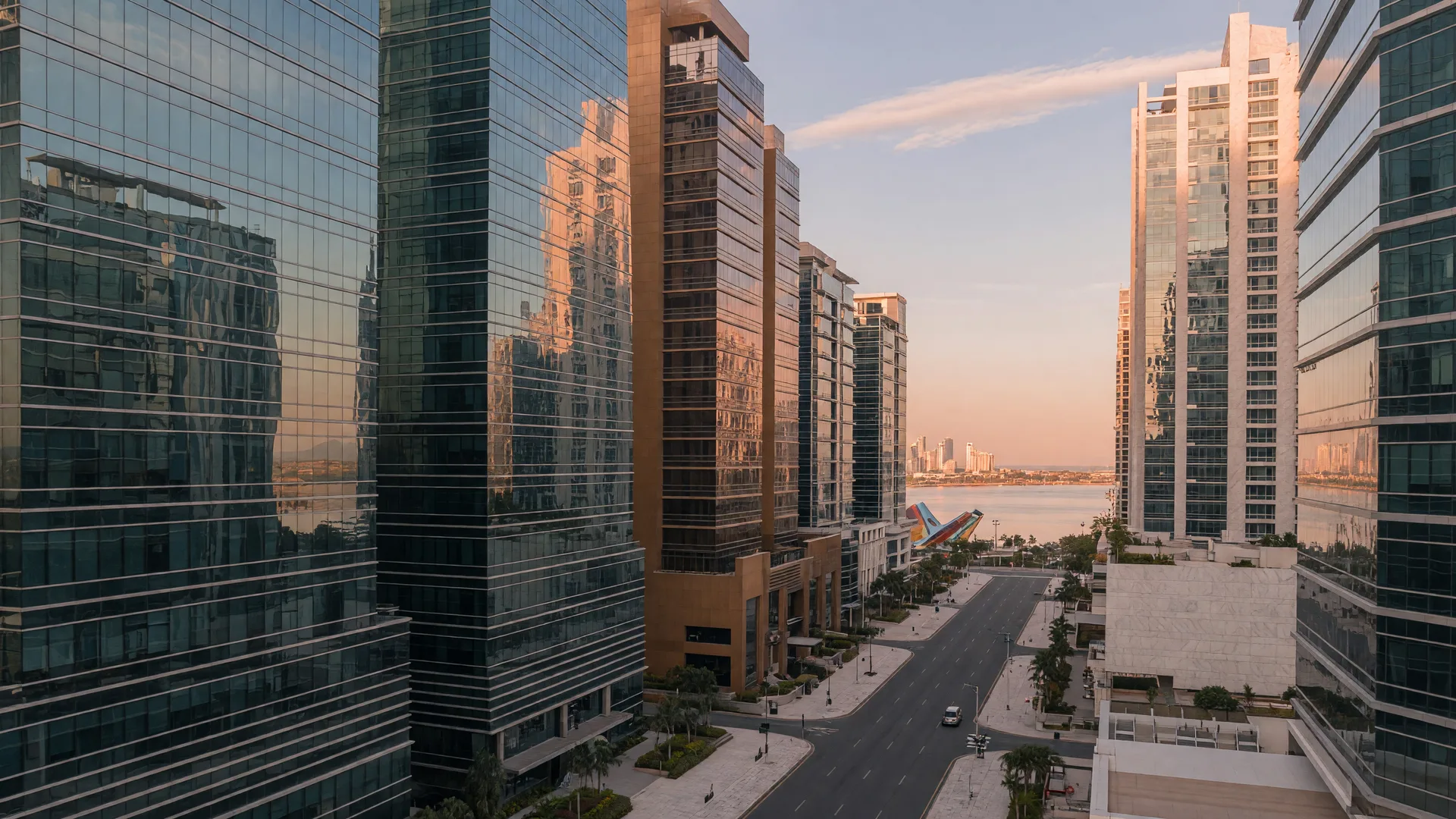 Editorial photograph of Panama City's glass office towers in the financial district at golden hour