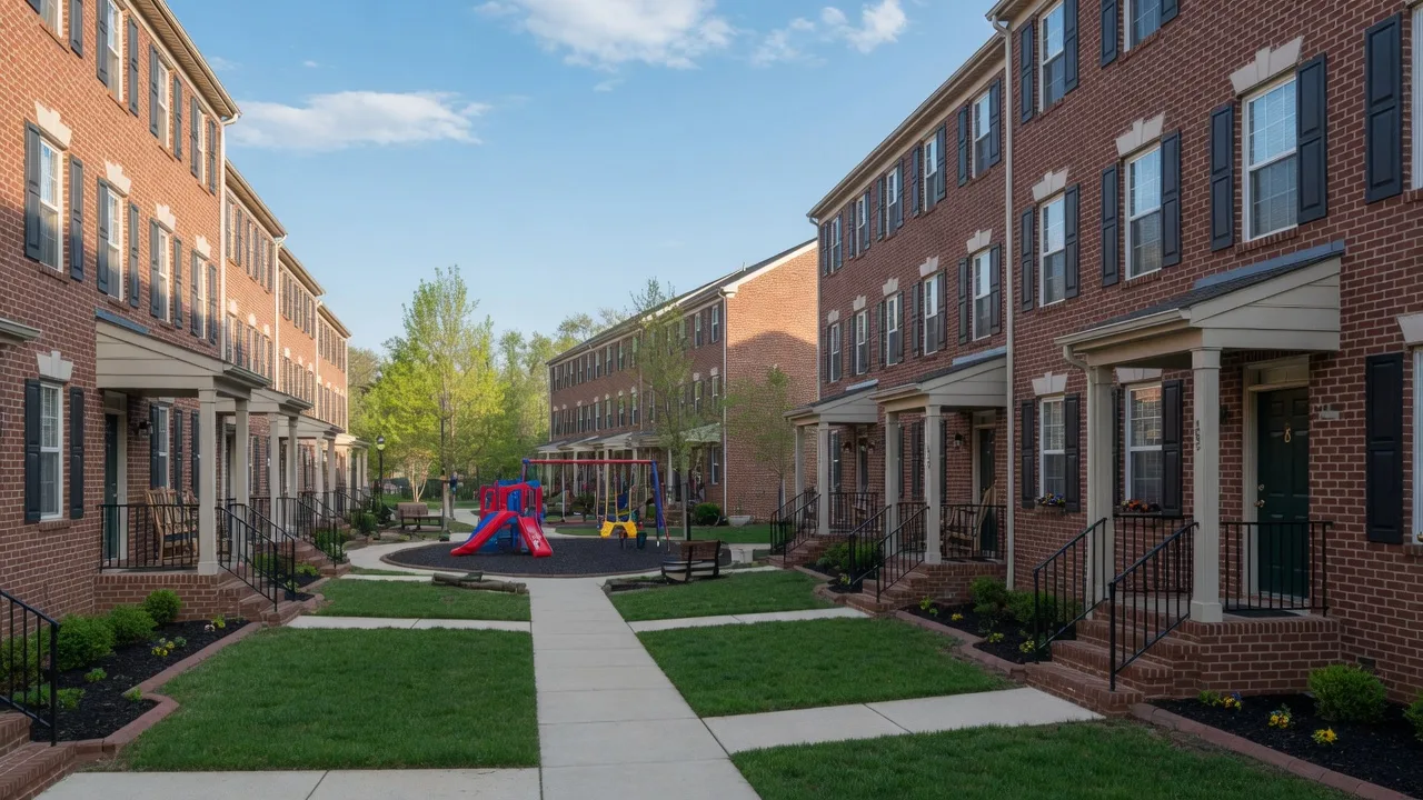 Rows of brick townhomes with front porches and a landscaped common area in a Prince William County community
