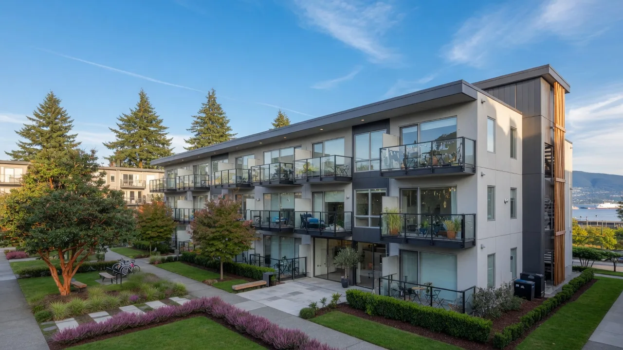 A modern low-rise condominium building exterior in a coastal city