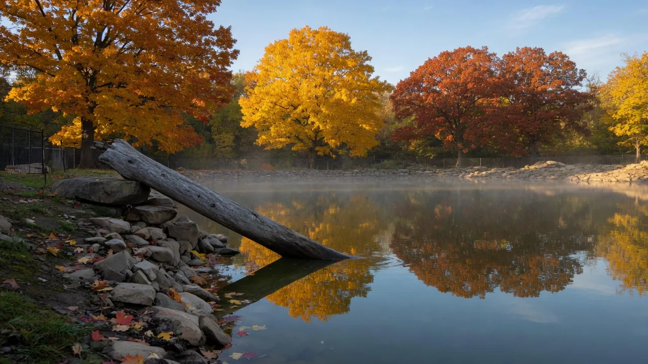 A naturalistic otter pond at a Pennsylvania zoo on a crisp early-October morning with golden maples and oaks reflected in the water