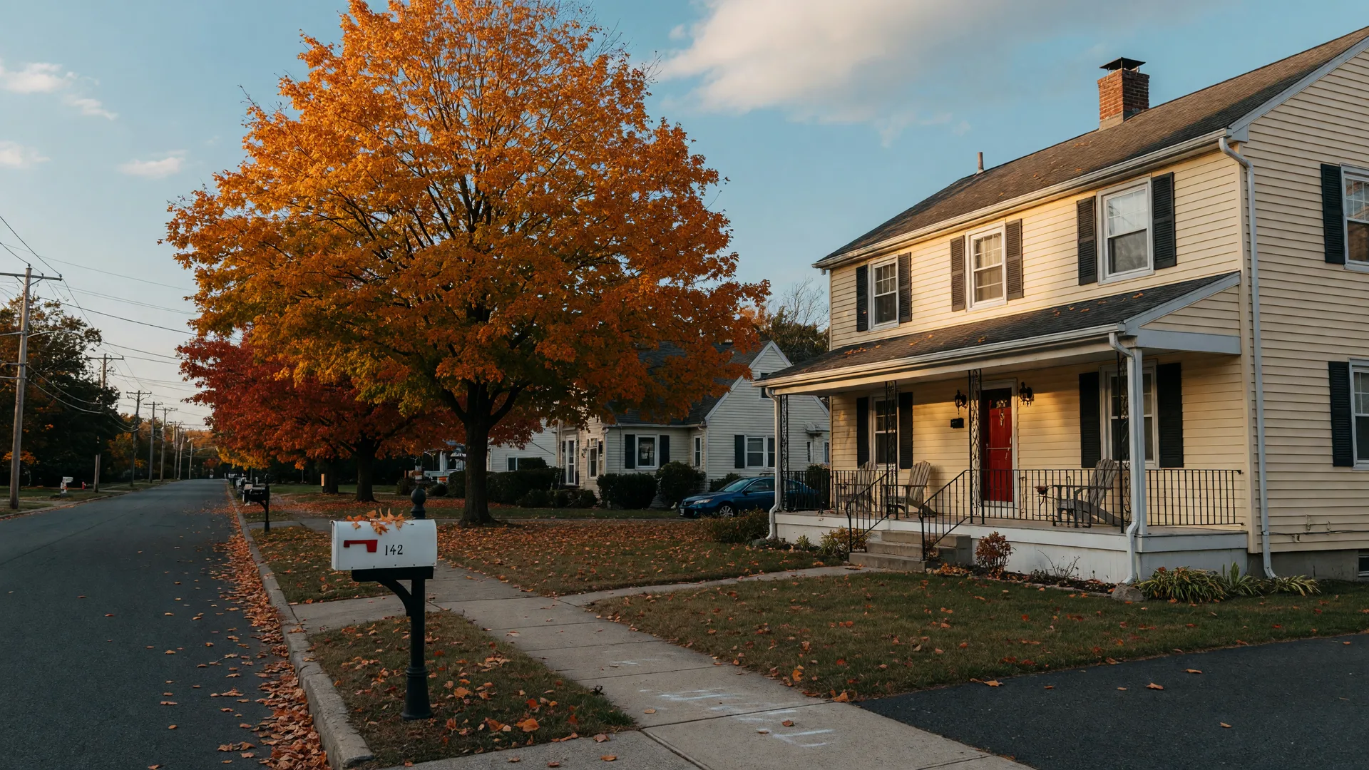 A classic New Jersey suburban home on a tree-lined street in early October, with a white mailbox at the curb and autumn leaves on the lawn