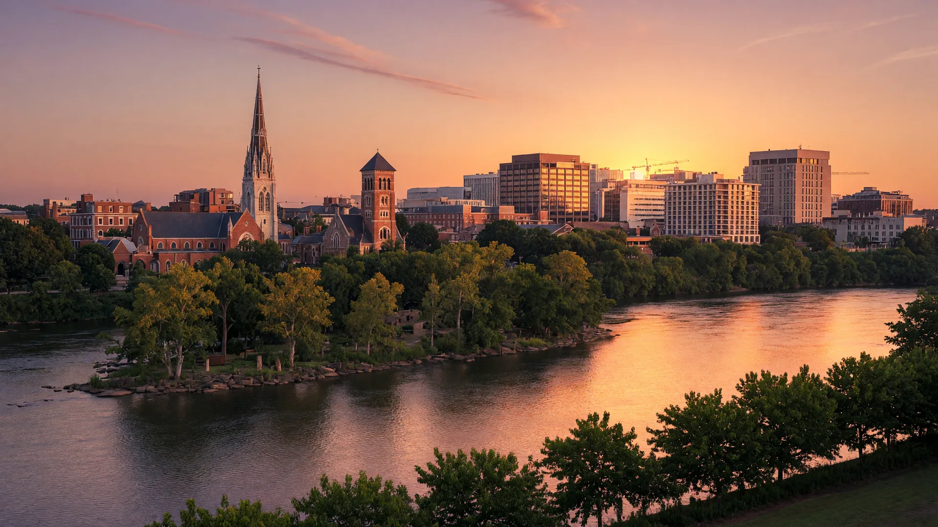 Downtown Richmond Virginia skyline along the James River at golden hour with Belle Isle visible in the foreground on a late summer evening