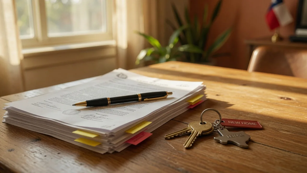Real estate closing documents and house keys on a wooden table