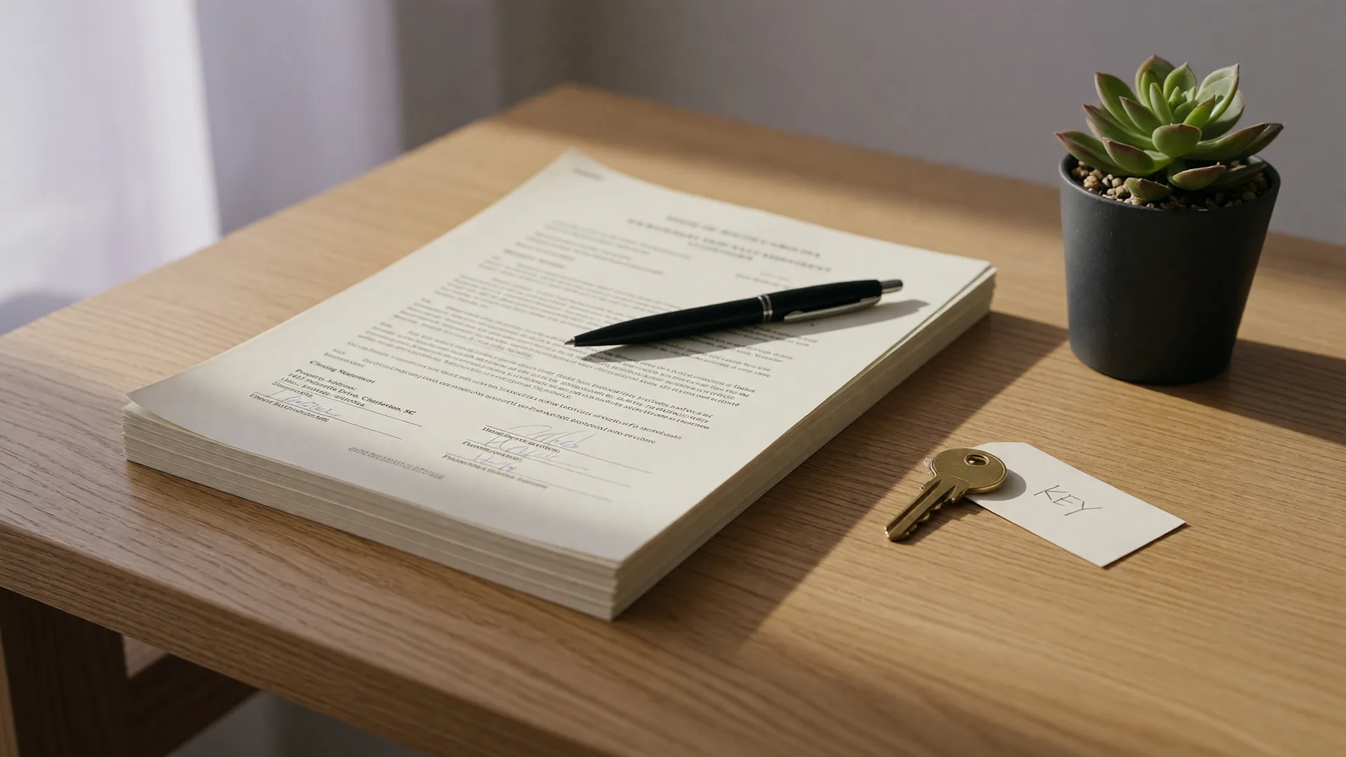 A stack of South Carolina real estate purchase documents on a desk with a black pen and a brass house key, soft window light