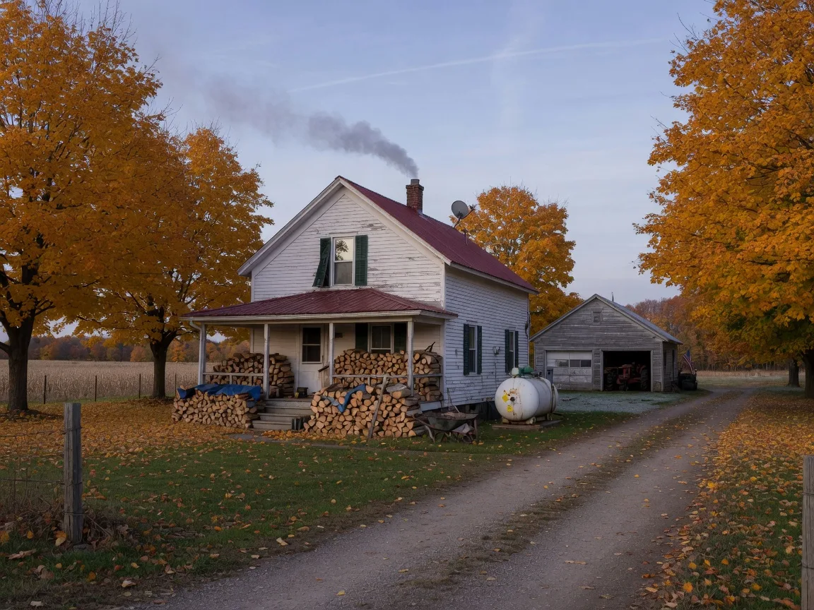 A traditional Michigan farmhouse on a long tree-lined driveway in October, with stacked firewood by the porch and a propane tank beside the garage