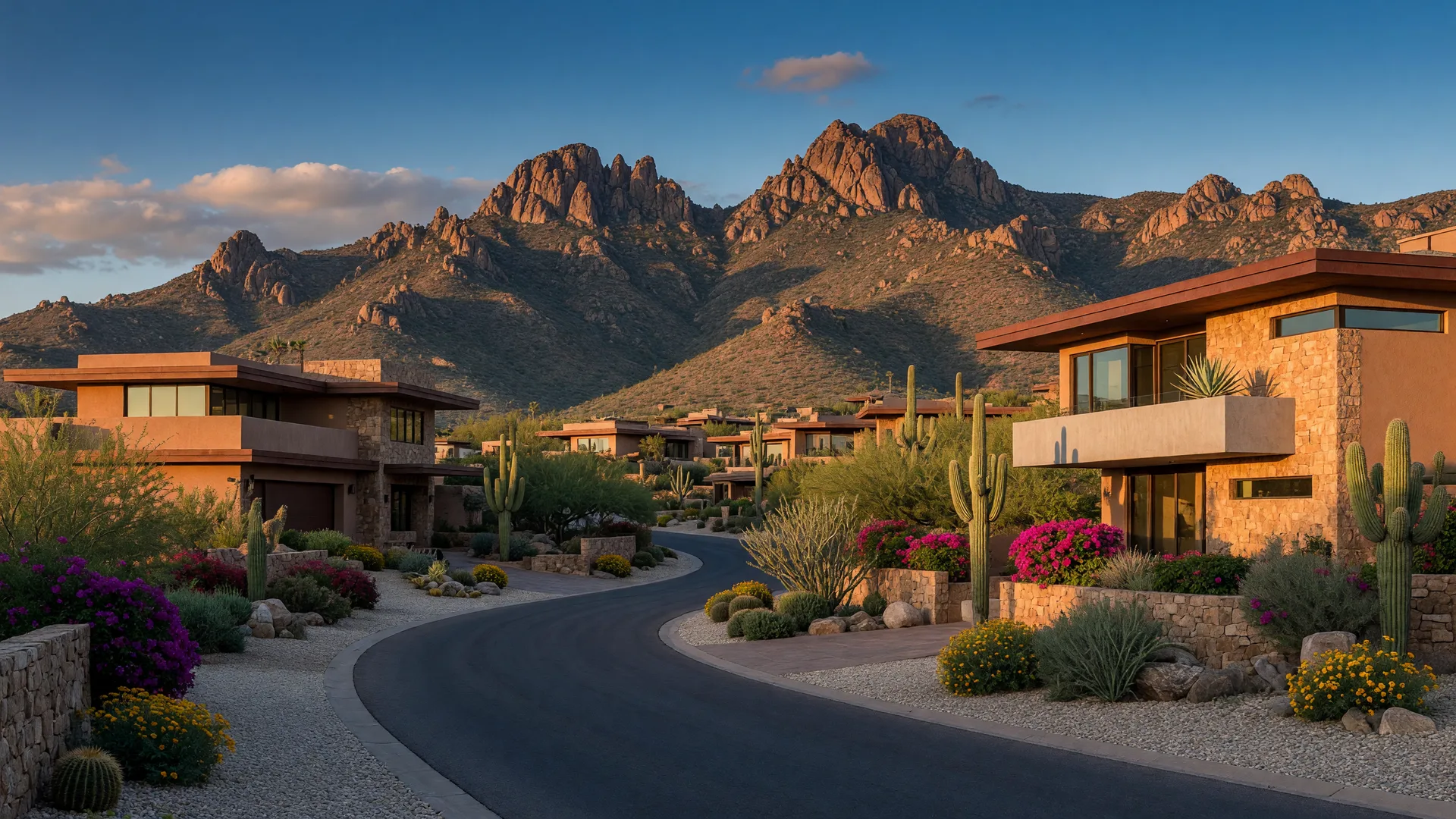 A winding street of custom desert-modern estates in DC Ranch, North Scottsdale at golden hour, with the McDowell Sonoran Preserve ridgeline rising behind the rooftops