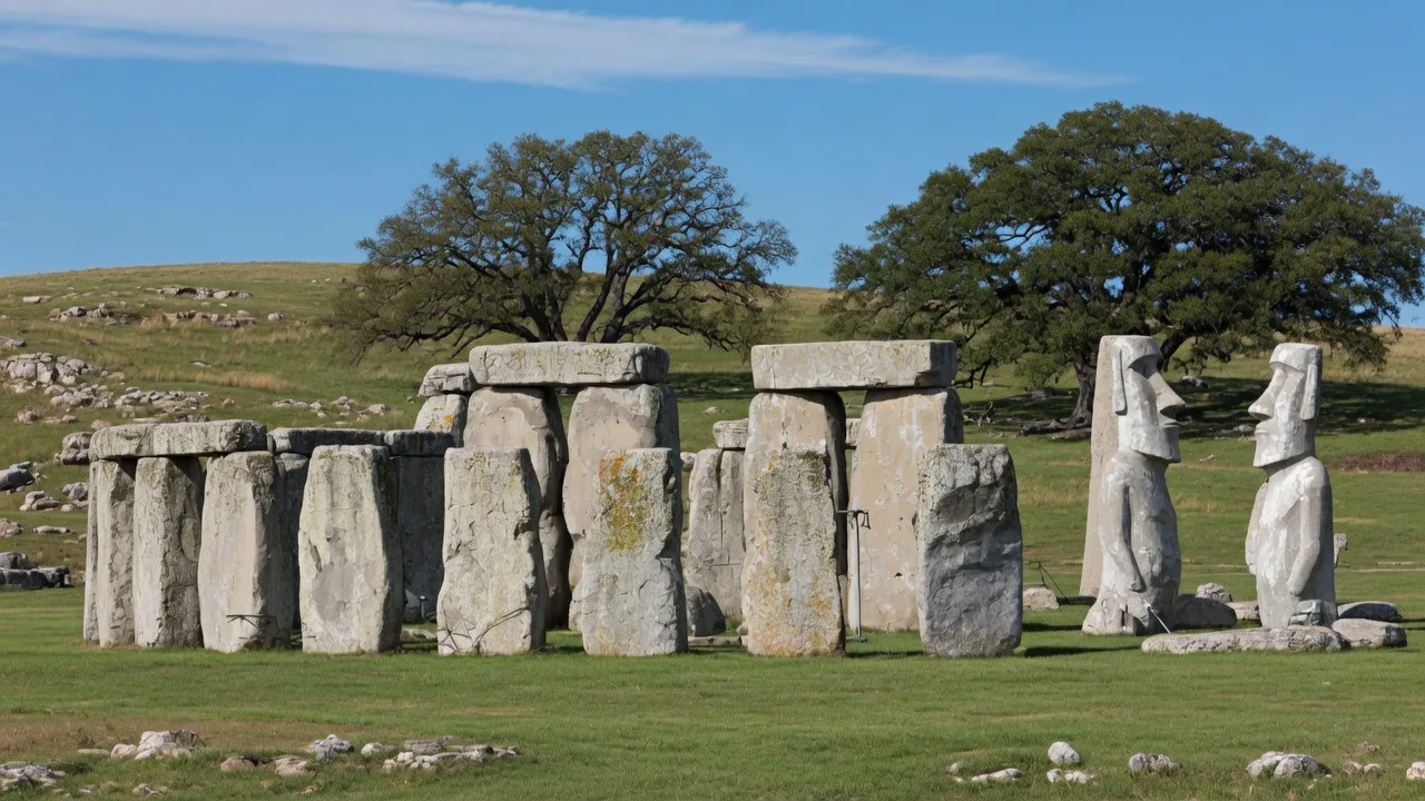 Stonehenge II concrete replica standing in a grassy Hill Country field with live oak trees under a clear Texas sky, with two Easter Island head replicas nearby