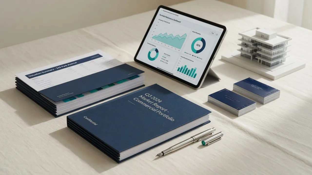 Editorial flat-lay of market reports, property documents and a business analytics tablet in deep blue and teal tones