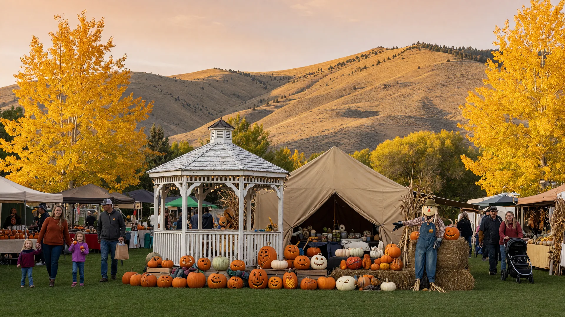 An early-October fall festival on a small-town Northern Nevada green, with carved pumpkins, a scarecrow on a hay bale, and the golden Sierra foothills behind.