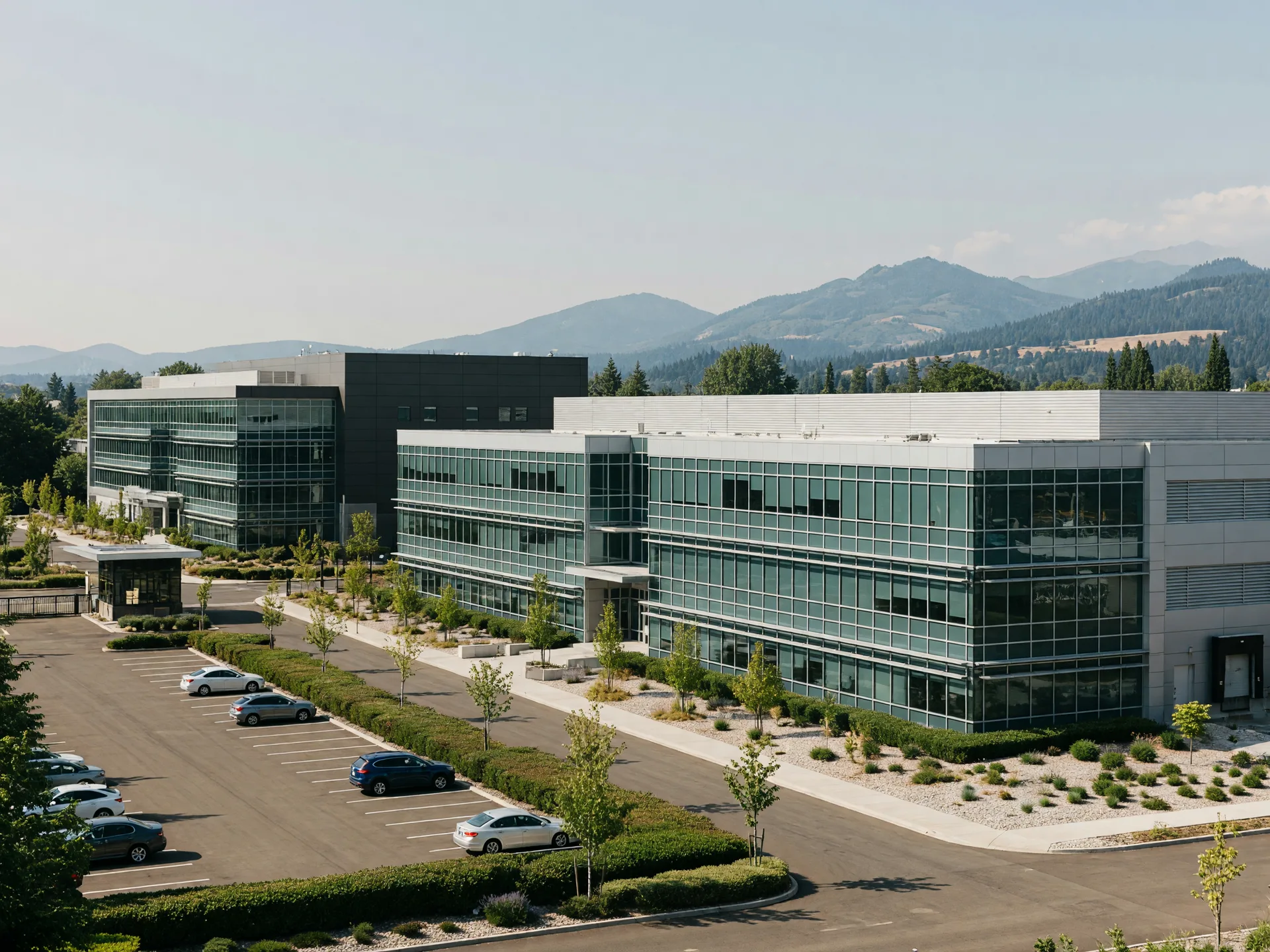 A modern low-slung glass and steel semiconductor campus in Gresham with landscaped grounds