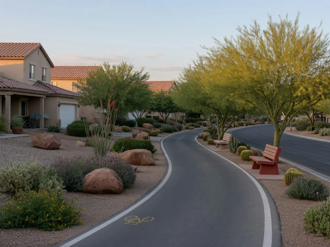 Paved walking trail through desert landscaping in a Summerlin Las Vegas community