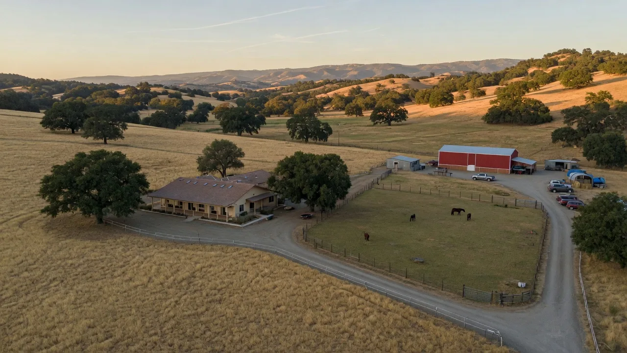 An acreage ranchette in the Merced County foothills with a ranch-style home on golden grassland, fenced pasture, valley oaks, a barn, and the Sierra Nevada foothills on the horizon