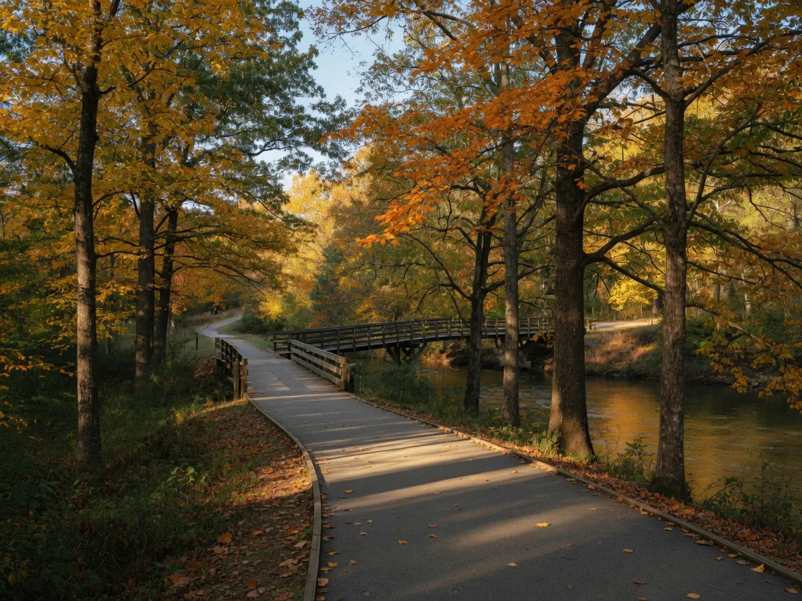 A paved riverside trail along the North Oconee in autumn light