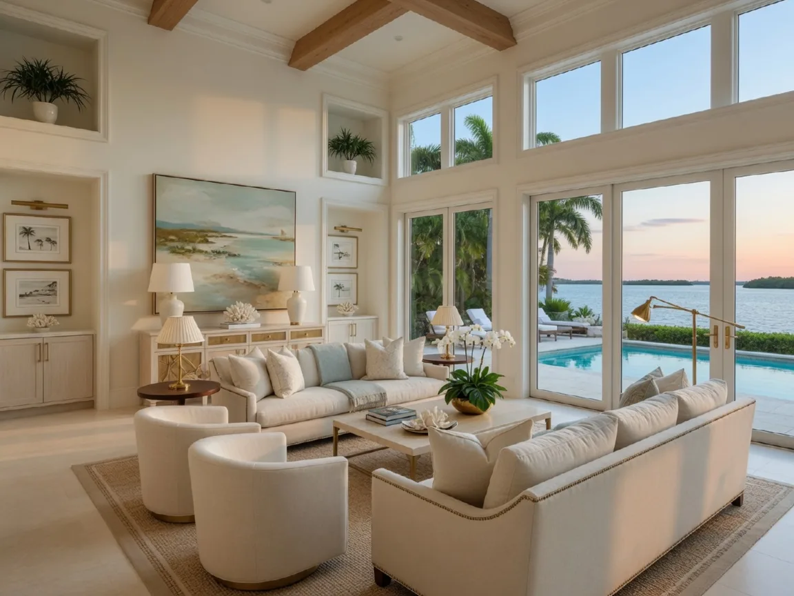 Elegant great room in a luxury Naples estate with floor-to-ceiling windows overlooking a pool and water view