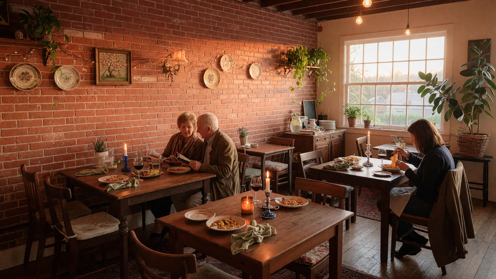 Cozy intimate restaurant interior in Cherry Hill NJ with exposed brick and warm lighting