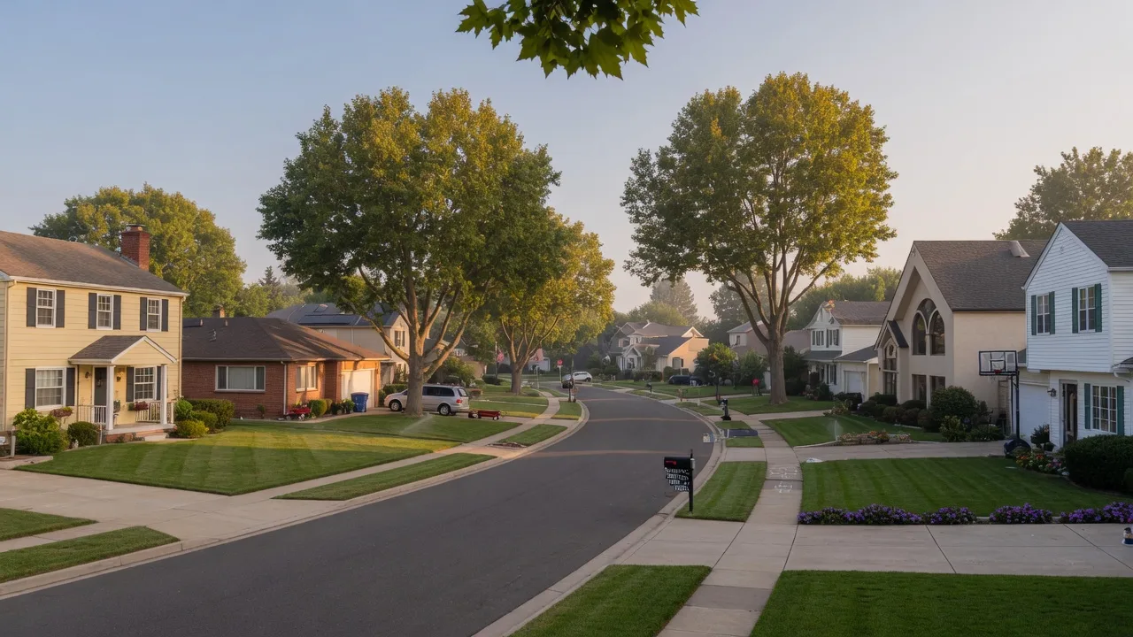 Sunlit single-family homes on a tree-lined residential street