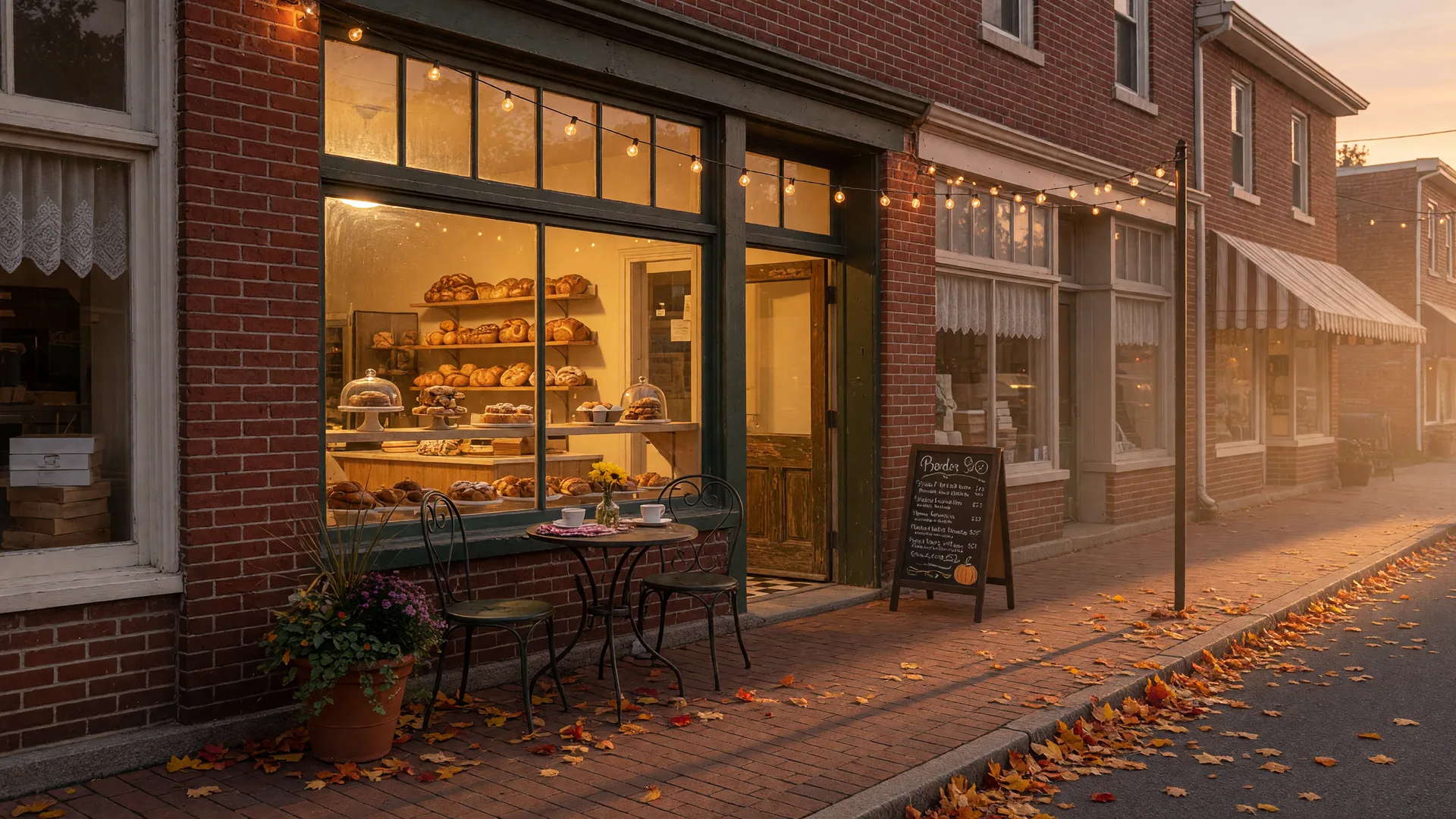 Warm storefront cafe and bakery window displays with string lights in Sinking Spring