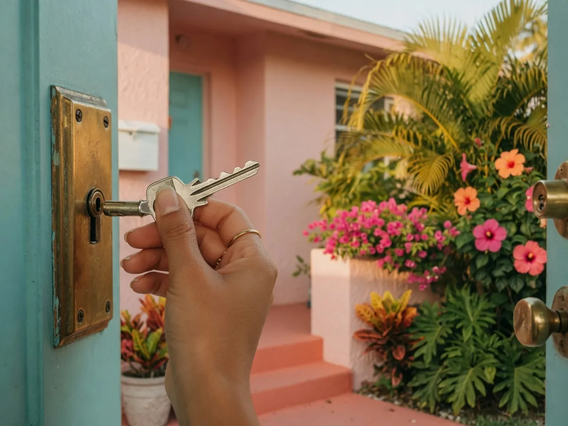 Hand placing key into new home door for first-time home buyer milestone in South Florida