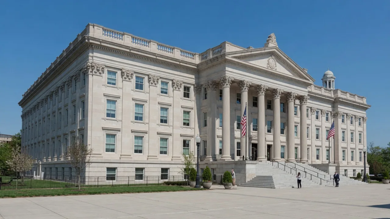 The Prince George's County Courthouse in Upper Marlboro, Maryland with classical columns and formal facade