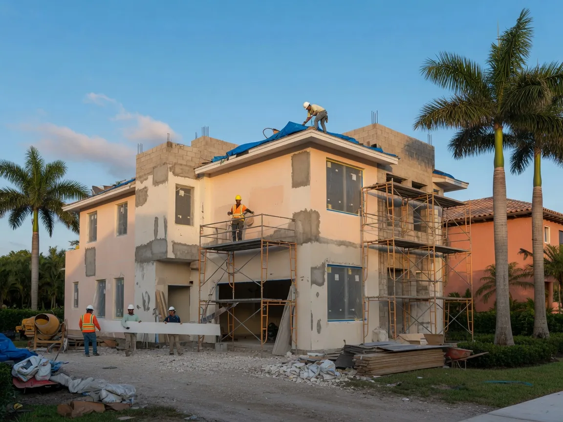 New construction luxury home being built in Delray Beach with modern architecture and palm trees