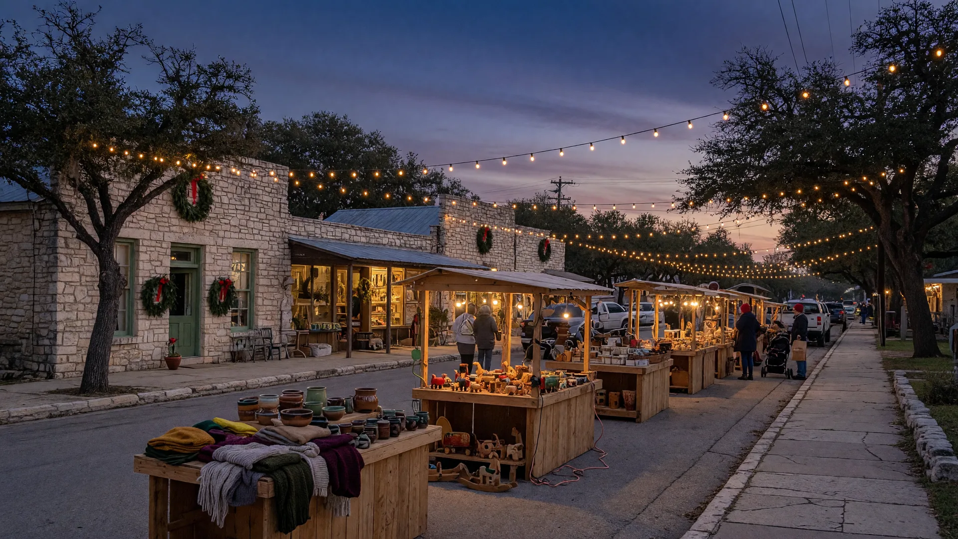 Holiday maker market on a small Texas Hill Country main street with string lights and wooden vendor stalls at dusk
