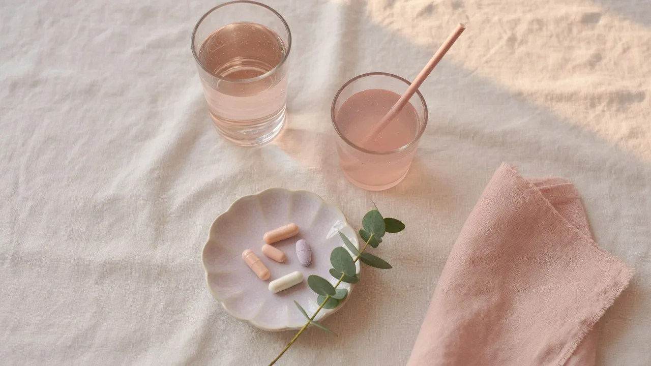 A soft flat-lay of a morning water glass, a pink drink, and supplement dishes on cream linen